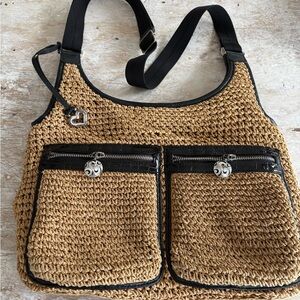 Brighton jute/woven and black leather purse